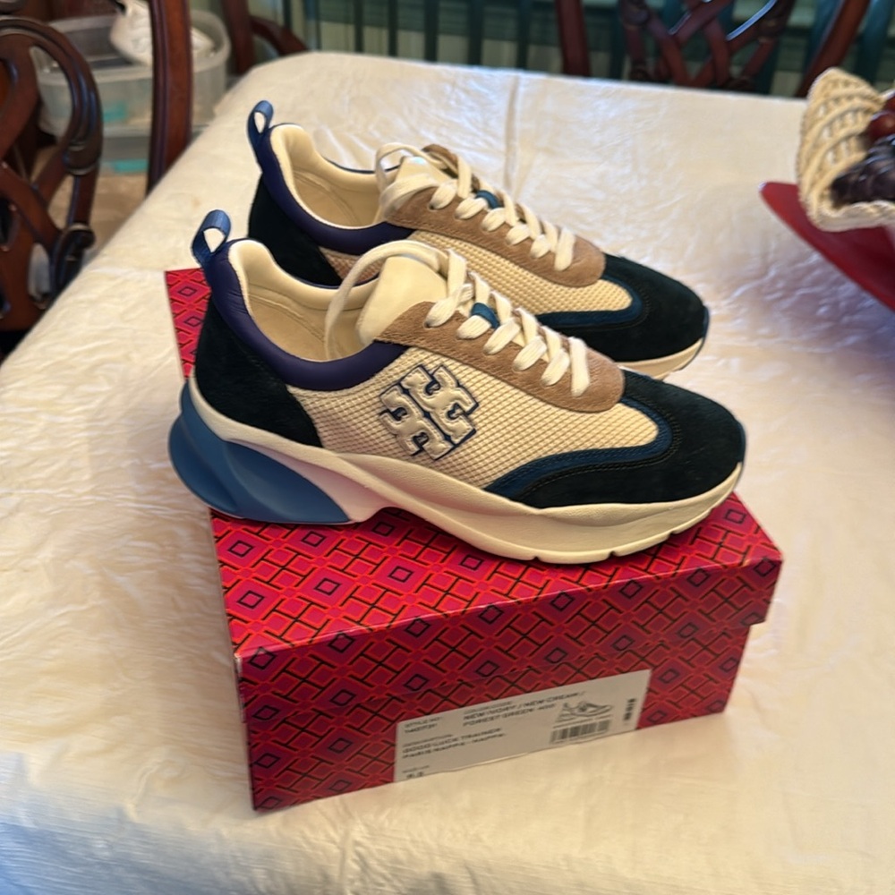 Tory Burch Lucky Trainer Stylish Beige and Blue Sneakers - Picture 2 of 7